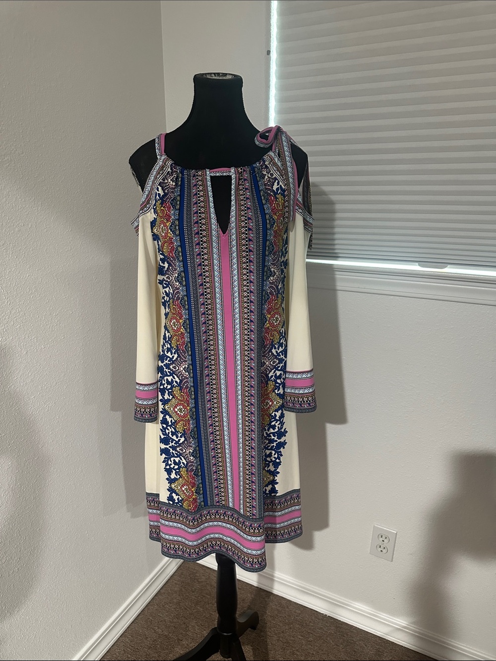 Hale Bob Cream Dress with Pink and Blue Border Print